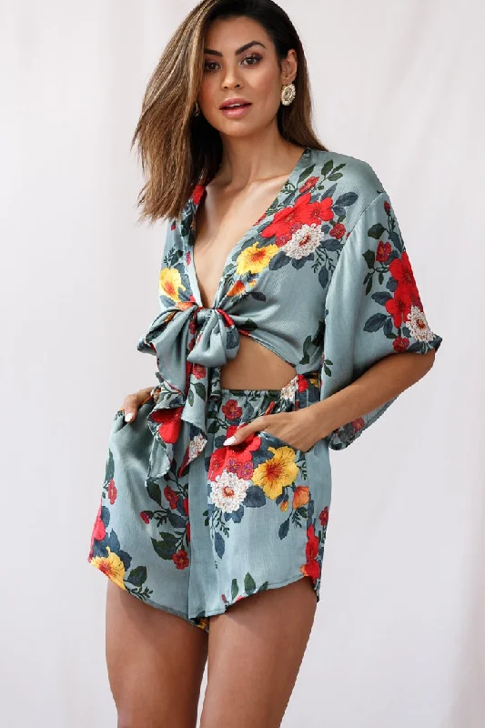 Rivera Tie-Knot Bell Sleeve Romper Sage Relaxed Women's Beachy