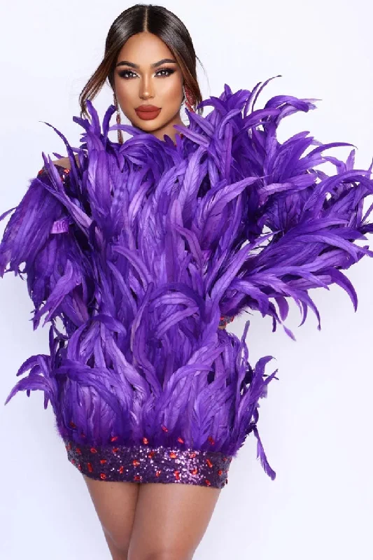 Sparkly Sequin Rhinestone Feather Embellished Bodycon Party Mini Dress - Purple Classic Women's Tweed