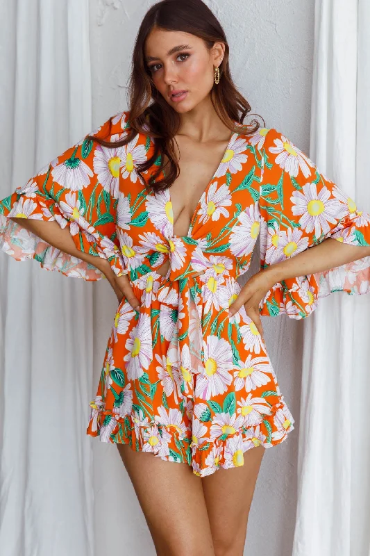 Athira Tied Bust Flared Sleeve Romper Daisy Orange Dapper Women's 1920S