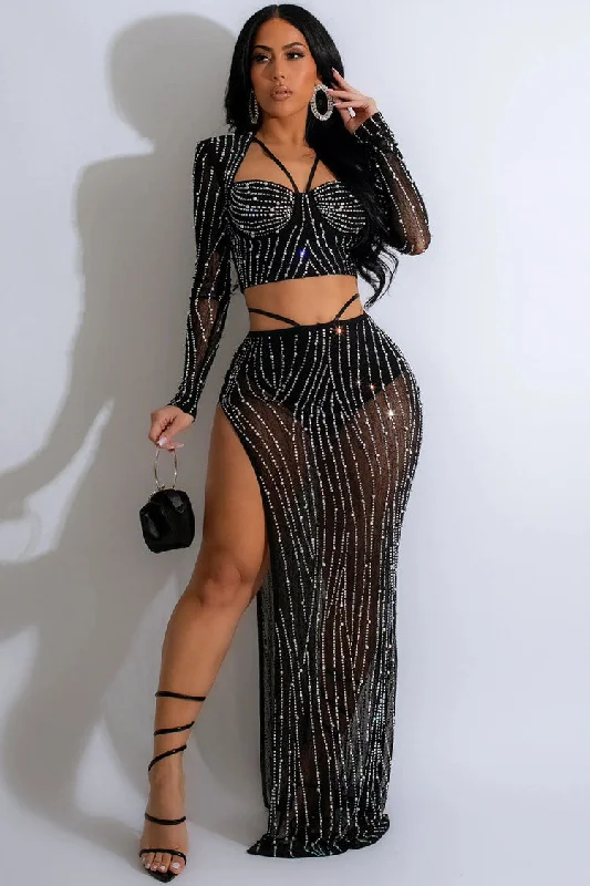 Sparkly Rhinestone Long Sleeve Crop Top High Waist Two Piece Maxi Dress - Black European Sparkly Rhinestone Long Sleeve Crop Top High Waist Two Piece Maxi Dress - Black European