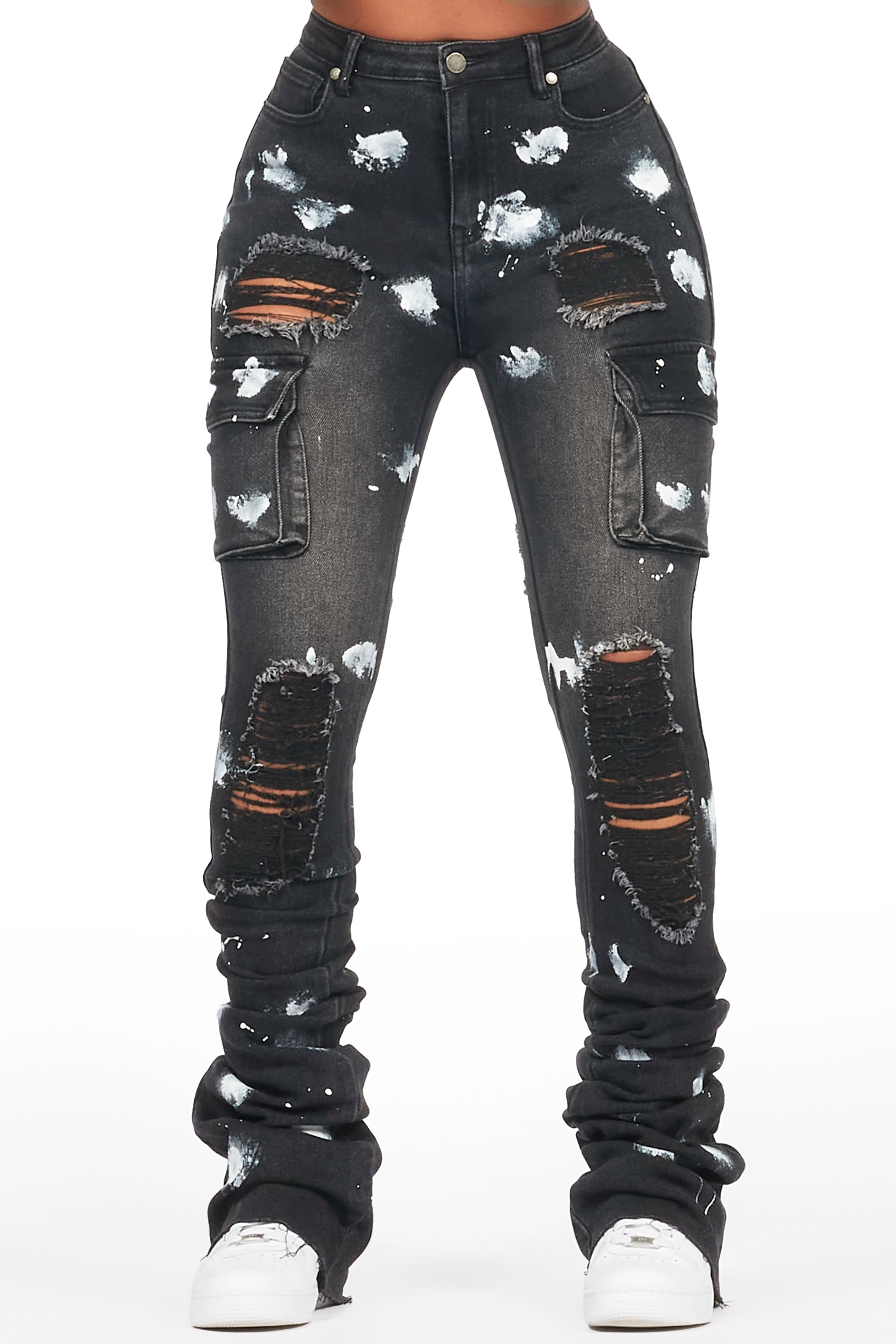 Tersenis Black Painted Cargo Super Stacked Jean Cozy Women's Winter