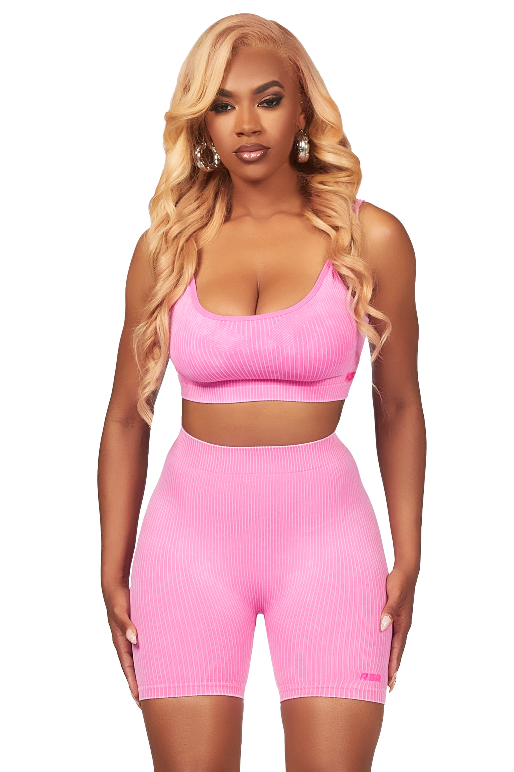 Sharifa Pink Active Short Set Classic Women's Pin - striped
