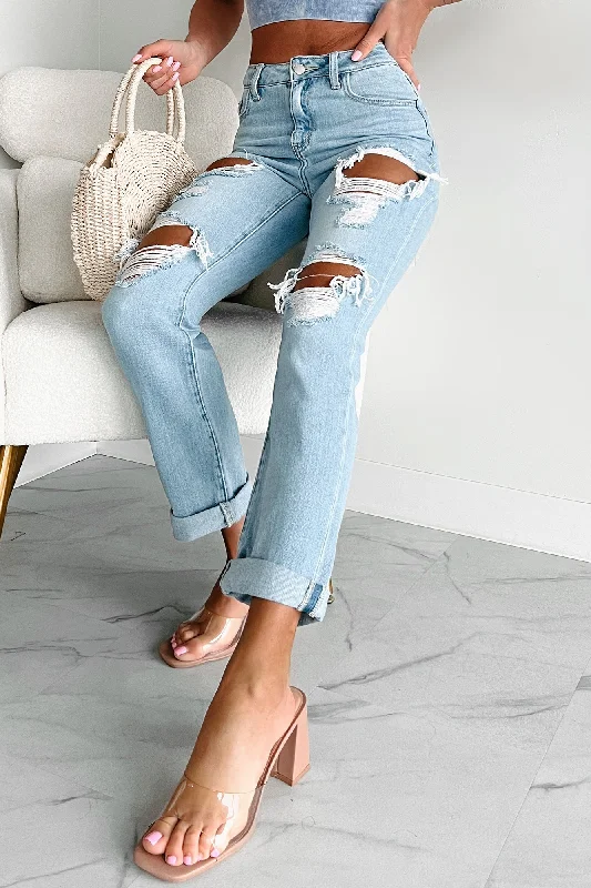 Sabrina High Rise Distressed Boyfriend Jeans (Light Wash) Relaxed Women's 