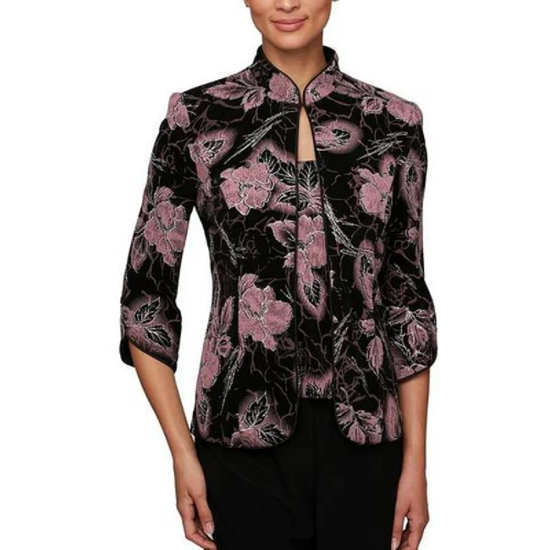 Alex Evenings Womens Petites Glitter Floral Print Collarless Blazer Stylish Women's Neon