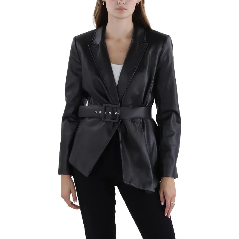 Tahari ASL Womens Faux Leather Belted Leather Jacket Sophisticated Women's Tailored