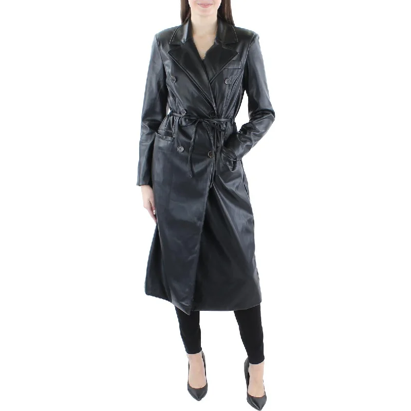 Avec Les Filles Womens Faux Leather Double-Breasted Long Coat Geometric