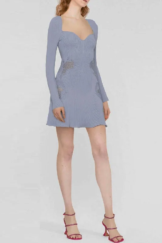 Pretty Sweetheart Long Sleeve Lace Trim Cashmere Sweater Mini Dress - Blue Country