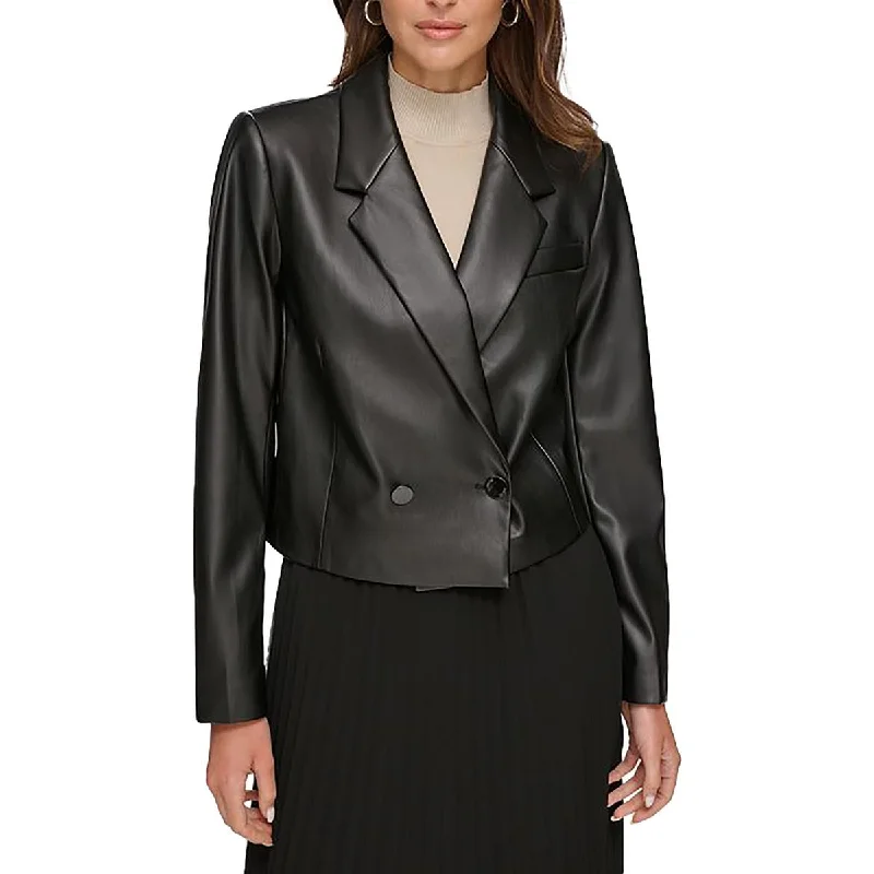 DKNY Womens Faux Leather Crop One-Button Blazer Sleek Women's 