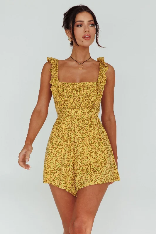 Lazy Sunday Frill Strap Tie-Up Back Romper Floral Print Mustard Unique Women's Upcycled