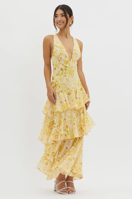 Veda Strappy Back Ruffle Midi Dress Floral Yellow Athletic Women's High - 