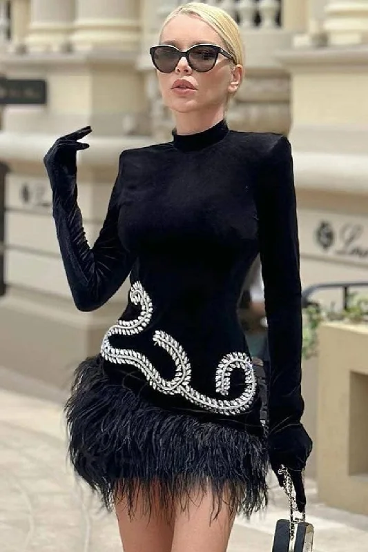 Sparkly Rhinestone Glove Long Sleeve Faux Feather Velvet Party Mini Dress - Black Casual Women's Loose - fitting