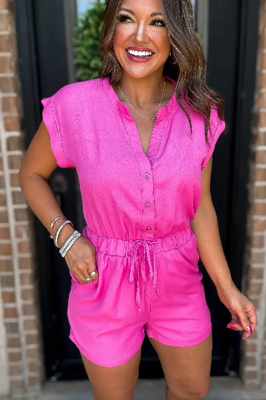 Pops Of Color Pink Button V-Neck Drawstring Romper Country