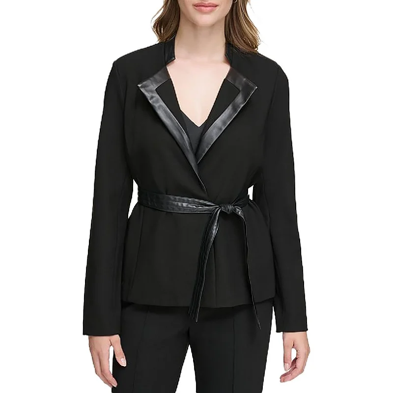 Calvin Klein Womens Knit Faux Leather Trim Open-Front Blazer Monochromatic Office Style