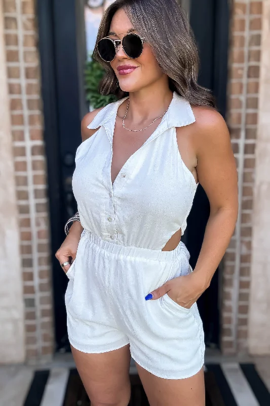 White Collared Sleeveless Romper Disco