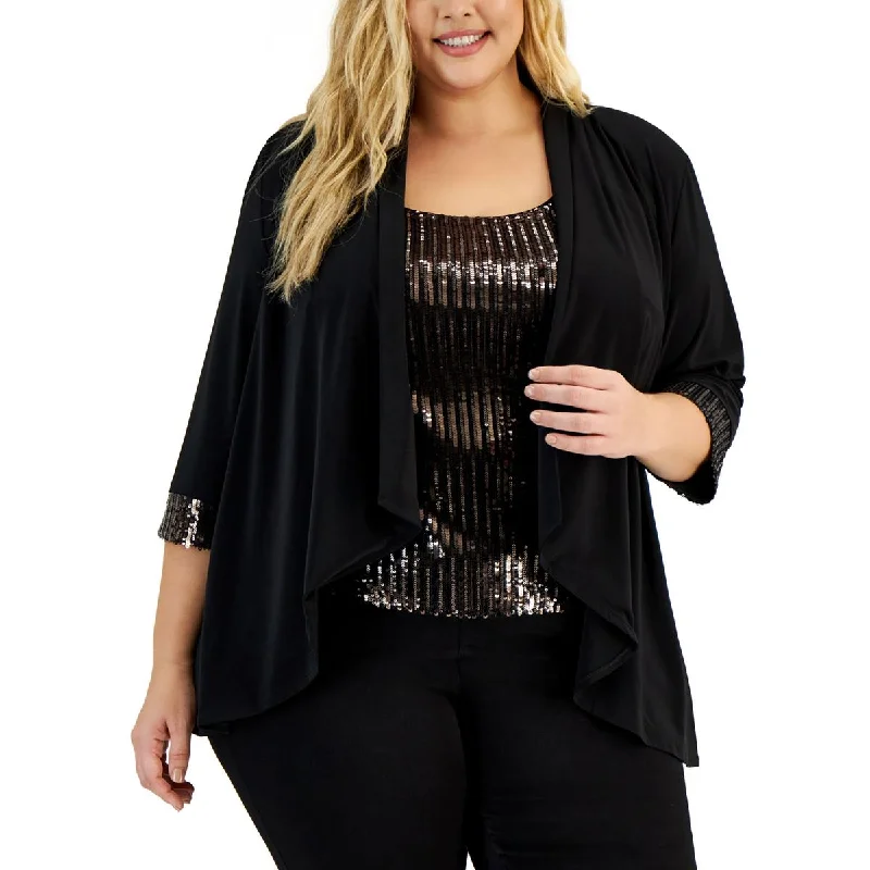 Alex Evenings Womens Plus Knit Sequined Duster Blazer Dapper Women's Bow - adorned