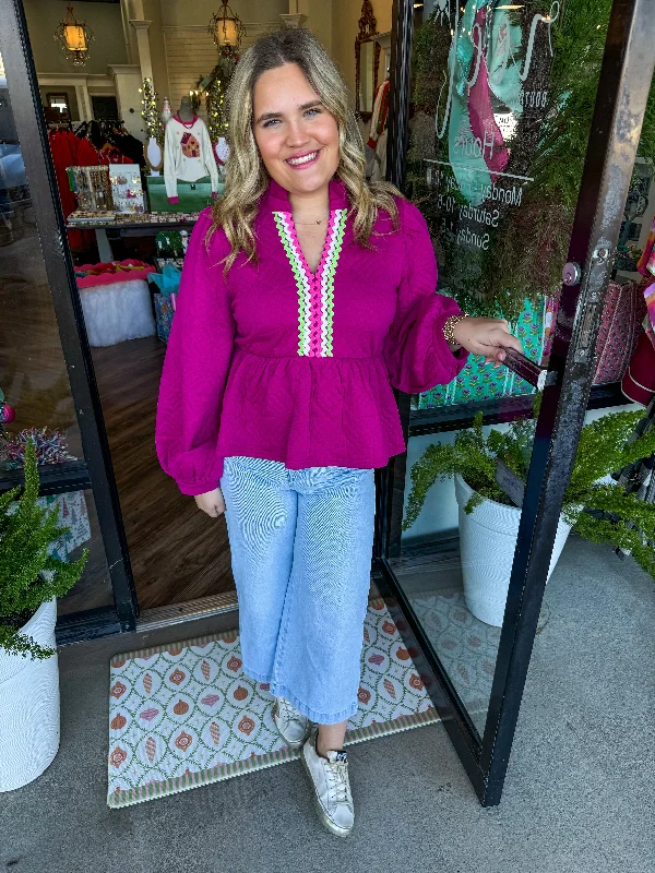Color Trim Peplum Top: Magenta Adventure