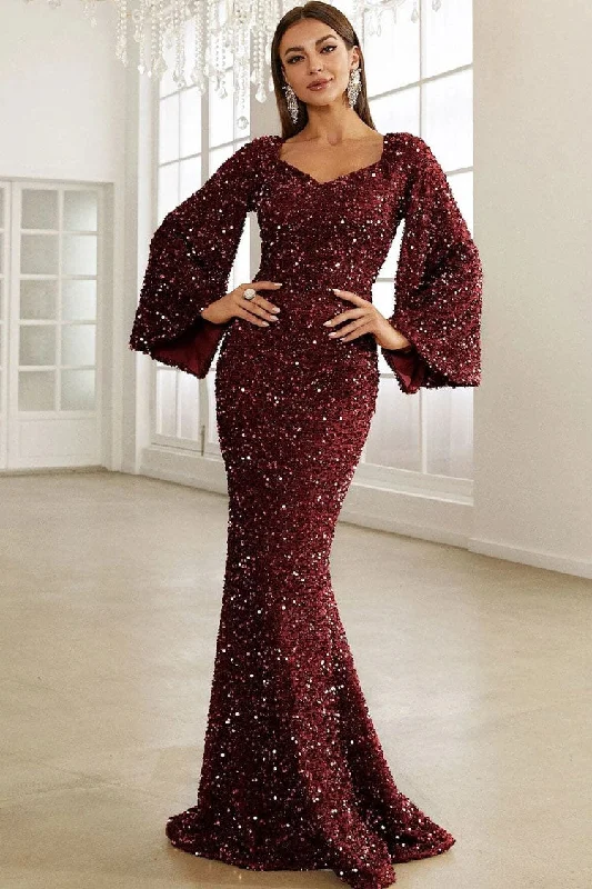 Sparkly Sequin V Neck Bell Sleeve Fishtail Evening Maxi Dress - Burgundy Youthful Women's Anime - inspired