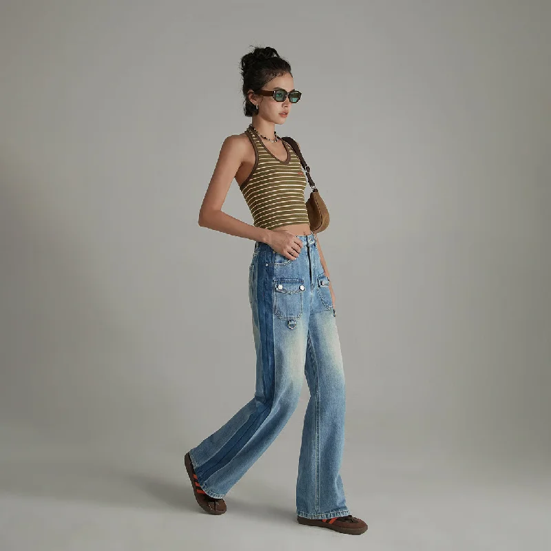 Front Pocket Design Wide Straight Denim Jeans Classic Women's Tweed
