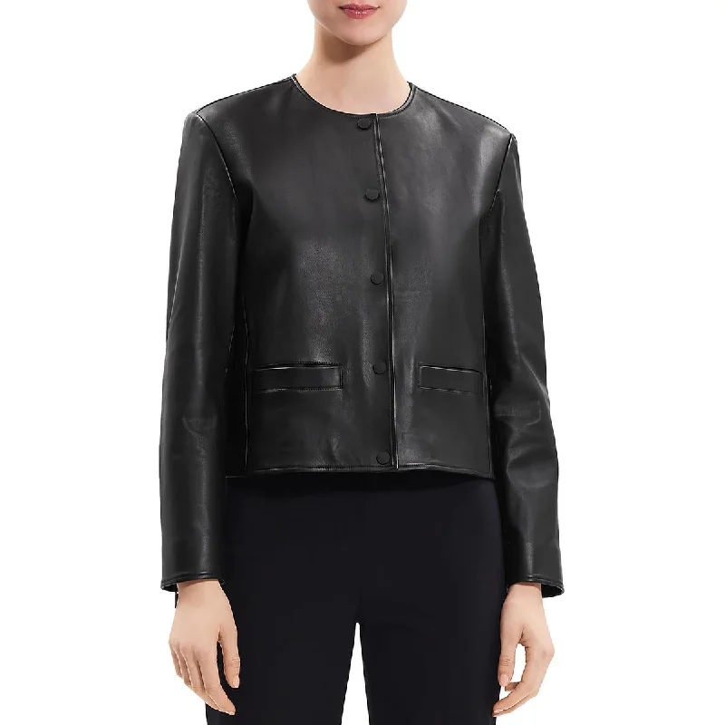 Theory Womens Faux Leather Cropped Motorcycle Jacket Casual Women's Japanese 