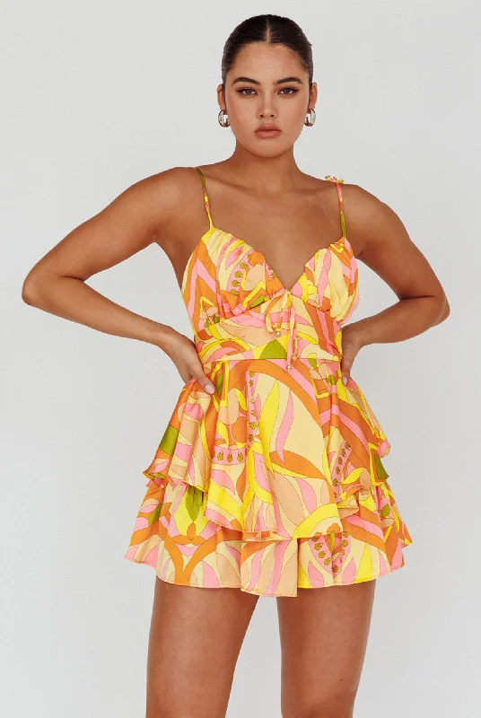 Happy Thoughts Tied Shoulder Romper Yellow Multi Earthy Women's Hemp - based