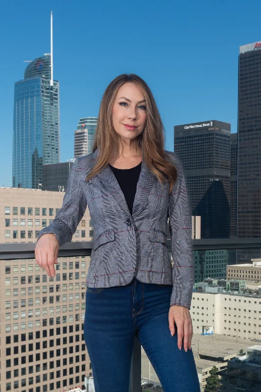 Glen Plaid Princess Cut Blazer with Single Button Closure and Front Flap Pockets in Lt. Grey (8753JS) Classic Women's Pin - striped Glen Plaid Princess Cut Blazer with Single Button Closure and Front Flap Pockets in Lt. Grey (8753JS) Classic Women's Pin - striped