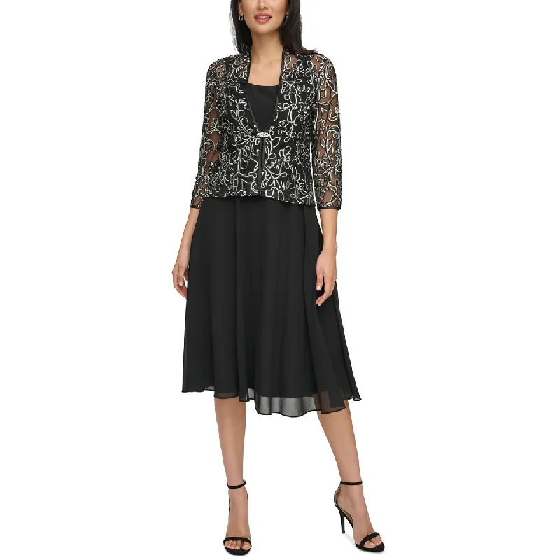 Jessica Howard Womens Mesh Embroidered Collarless Blazer Geometric
