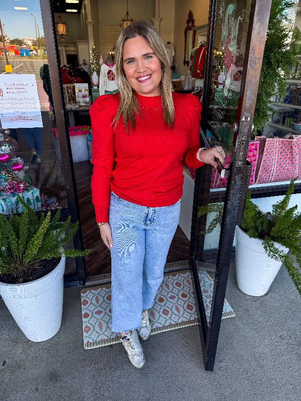 Crew Neck Puff Sleeve Sweater:Red Minimalist Women's Casual