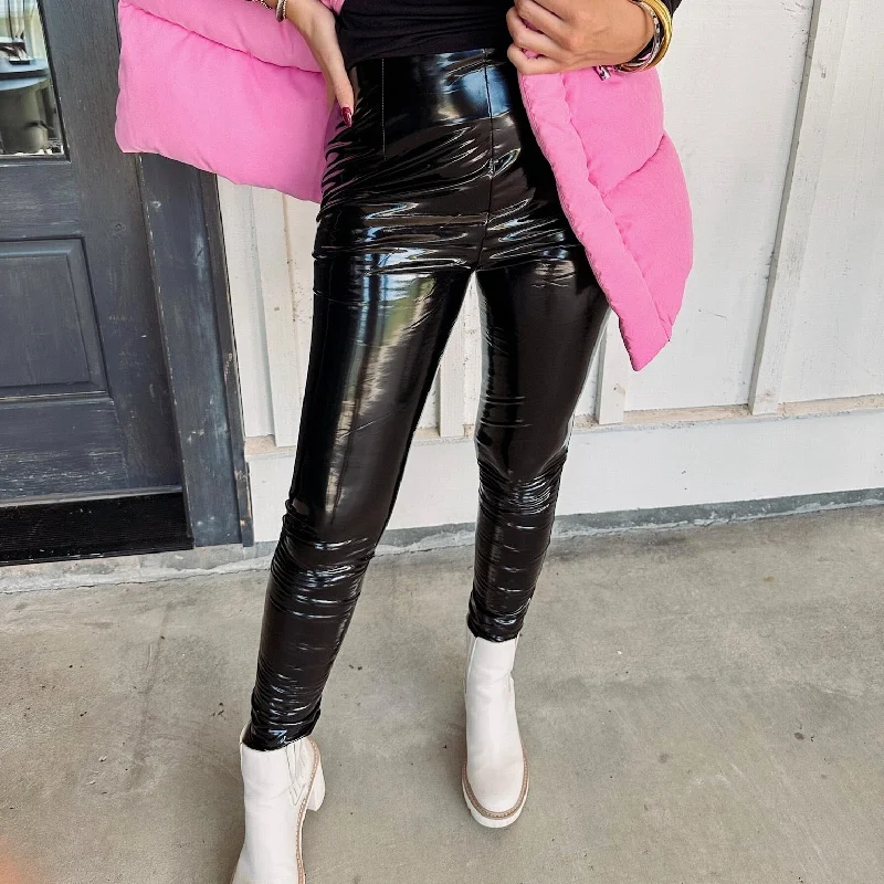 Black Liquid Leather Leggings Monochromatic All - in - one