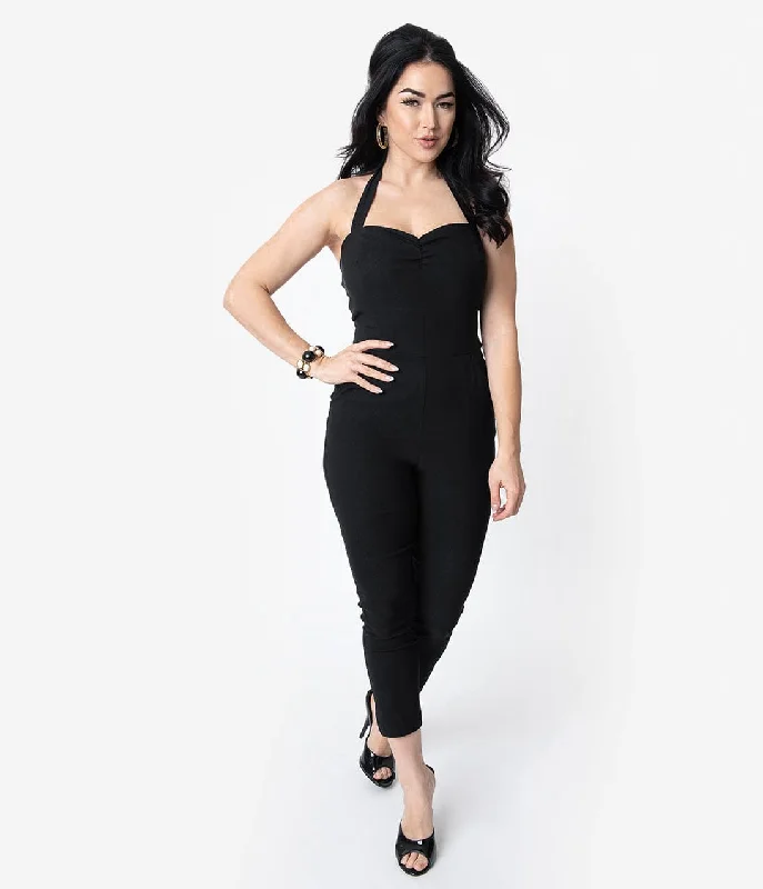 Unique Vintage 1950s Black Halter Marcel Jumpsuit Classic Women's Pin - striped