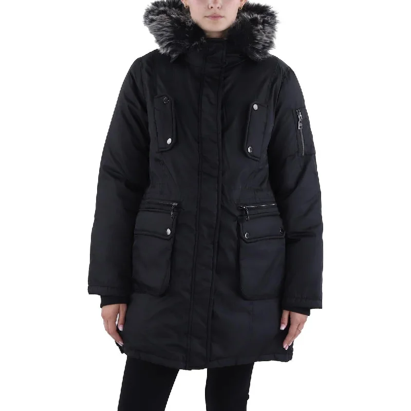 Steve Madden Womens Faux Fur Trim Cold Weather Anorak Jacket Artistic Women's Hand - painted