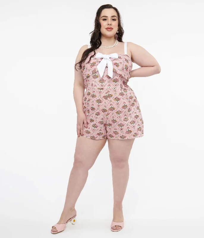Pusheen x Unique Vintage Plus Size Pink Pusheen Floral Bouquet Print Rae Romper Athletic Women's 