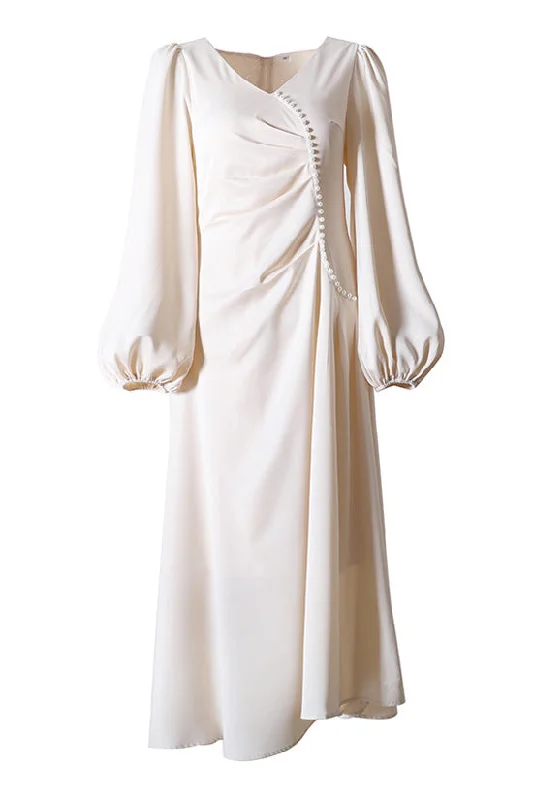 Silky Satin V Neck Beaded Trim Bishop Sleeve Pleated Cocktail Midi Dress Street