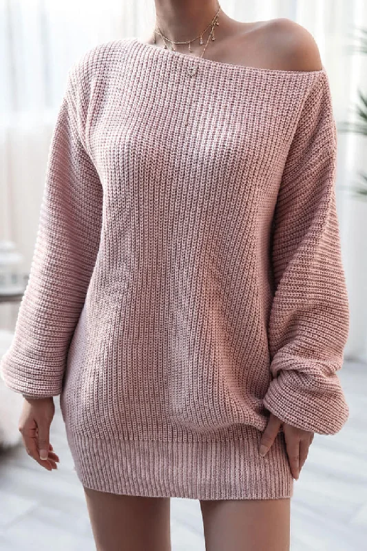 Cozy Winter Boat Neck Long Sleeve Textured Sweater Mini Dress - Pink Traditional Women's Wool Cozy Winter Boat Neck Long Sleeve Textured Sweater Mini Dress - Pink Traditional Women's Wool