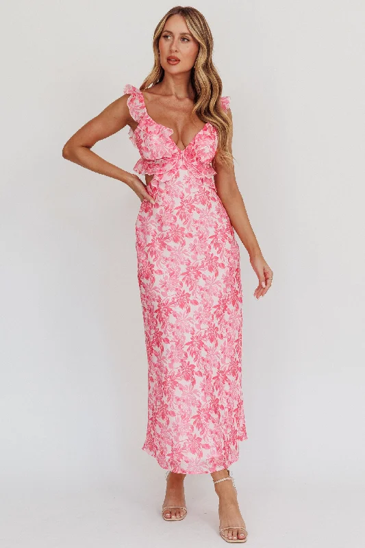 Second Chances Ruffle Trim Maxi Dress Floral Pink Unique Women's Upcycled