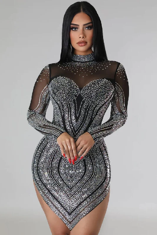 Sparkly Rhinestone Mock Neck Long Sleeve Hanky Hem Party Mini Dress - Black French