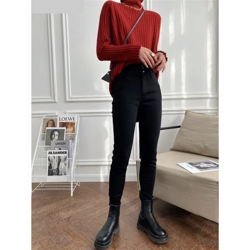 Winter Women's High Waist Double Button Stretch Skinny Pencil Jeans Pants Dapper Women's 1920S