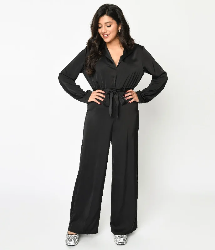 Black Satin Tie Waist Jumpsuit Sleek Women's Metallic