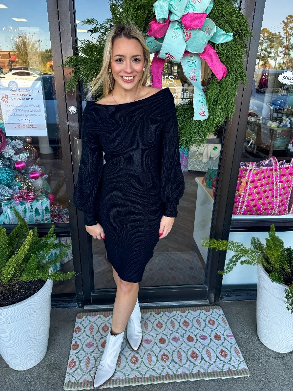 Off Shoulder Sweater Dress: Black Preppy Women's College