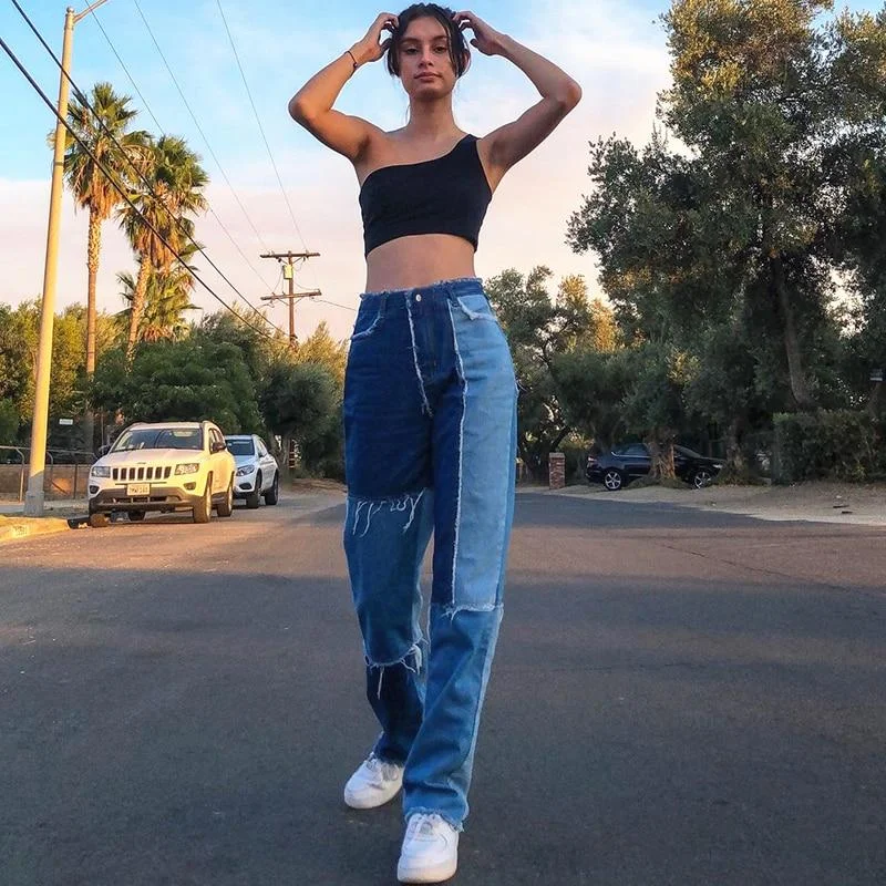 Vintage Women's Blue Patched Denim High Waist Straight Leg Jeans Pants purpose