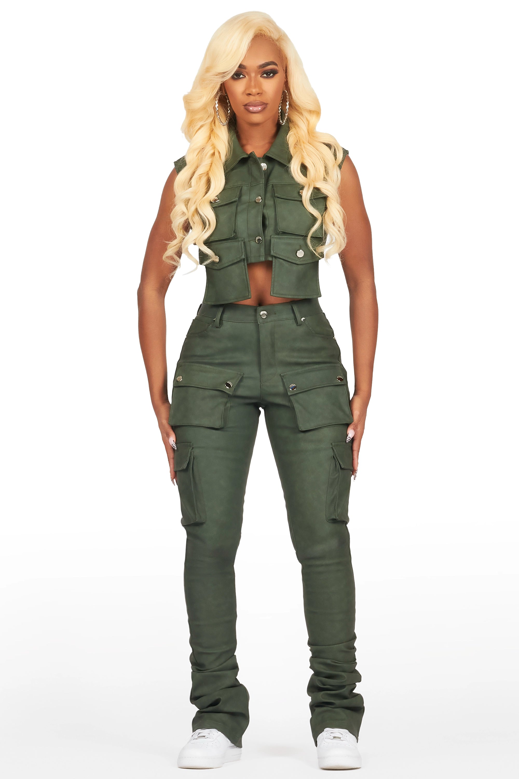 Kiedra Green Cargo Super Stacked PU Pant Feminine Women's Style 
