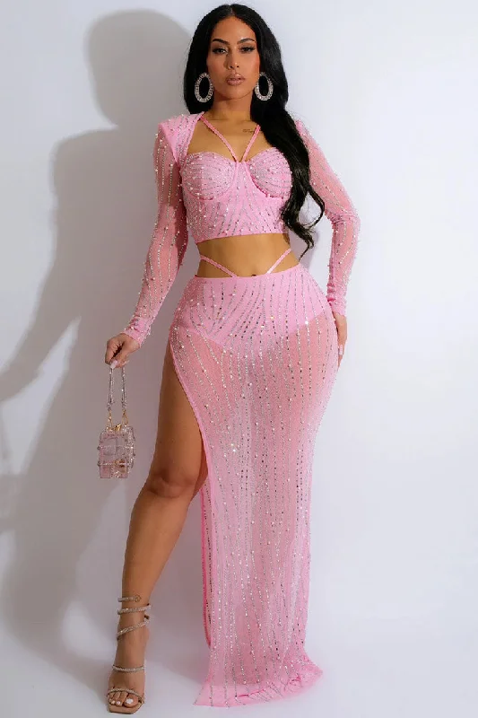 Sparkly Rhinestone Long Sleeve Crop Top High Waist Two Piece Maxi Dress - Pink Dynamic Women's Moto