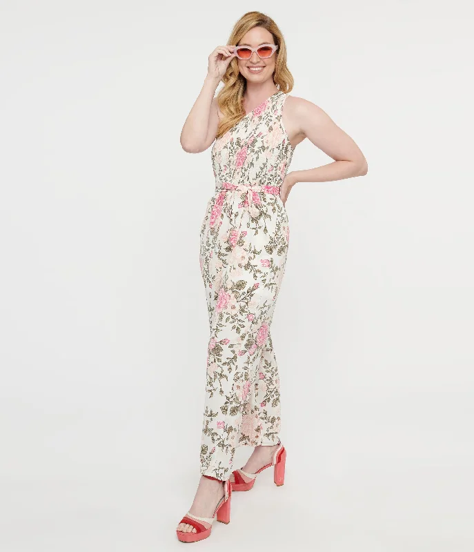 White & Pink Floral Asymmetrical Chiffon Jumpsuit Dapper Women's 1920S