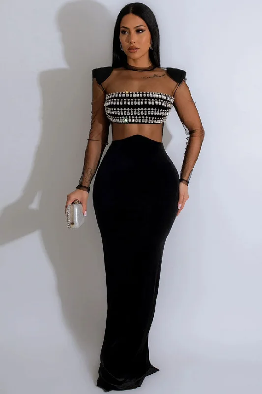 Sparkly Rhinestone Sheer Mesh Padded Long Sleeve Evening Maxi Dress - Black Adventure