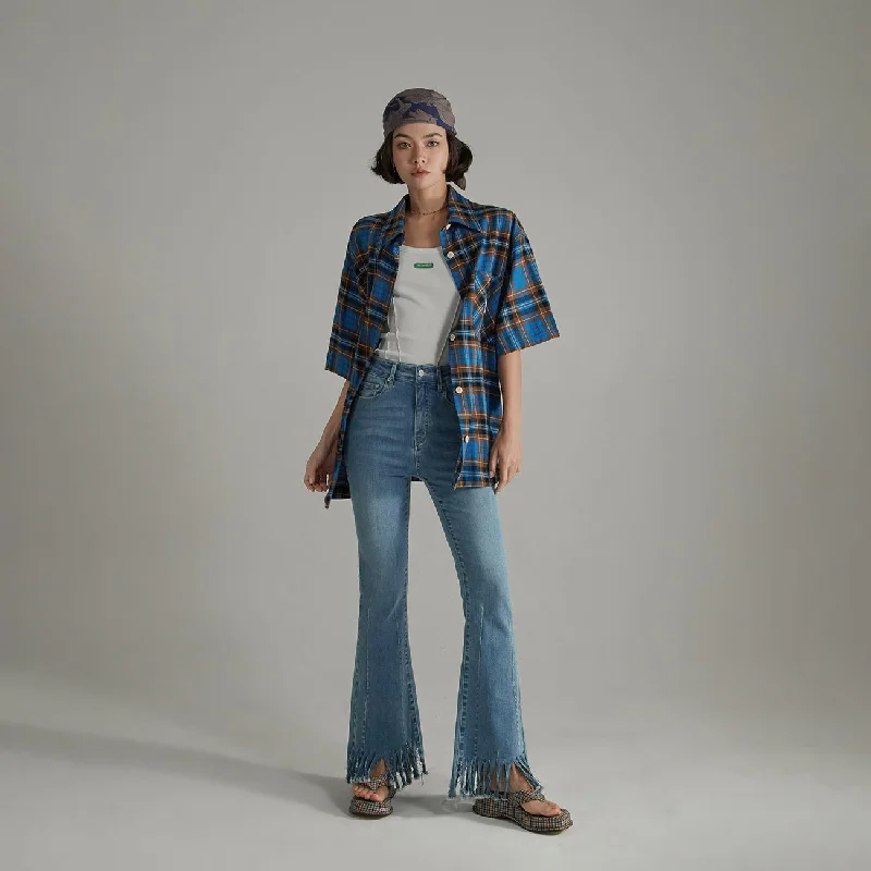 Fringe-Cut Hem Slim Denim Jeans Laid - back Women's Style