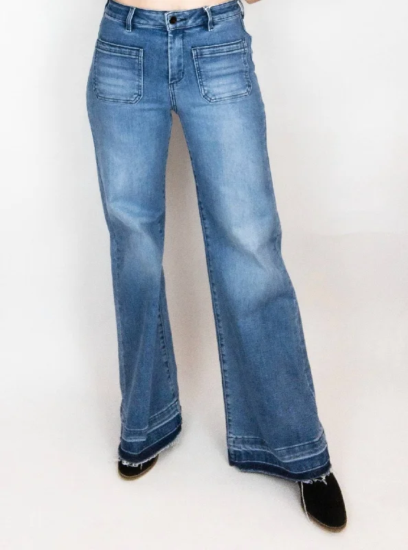 Patch Pocket High Rise Wide Leg In Blue Trendy Women's Oversized