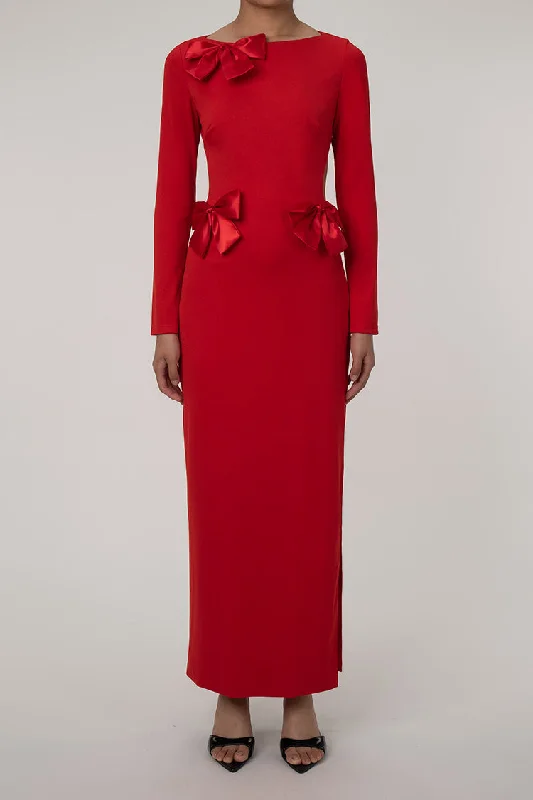 Glamorous Big Bow Crew Neck Long Sleeve Cutout Back Split Evening Maxi Dress - Red Sleek Women's Metallic Glamorous Big Bow Crew Neck Long Sleeve Cutout Back Split Evening Maxi Dress - Red Sleek Women's Metallic