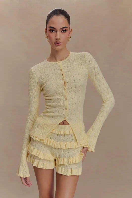 Amy Pointelle Bell Sleeve Cardigan - Lemon Cozy Women's Sherpa - lined