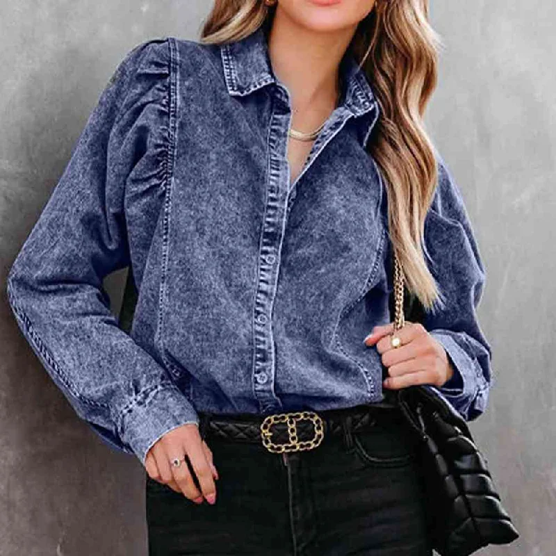 Collared Neck Buttoned Denim Shirt Sharp Women's Italian