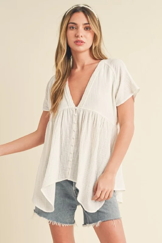 Tuck Detail V-Neck Short Sleeve Blouse Laid - back Women's Style