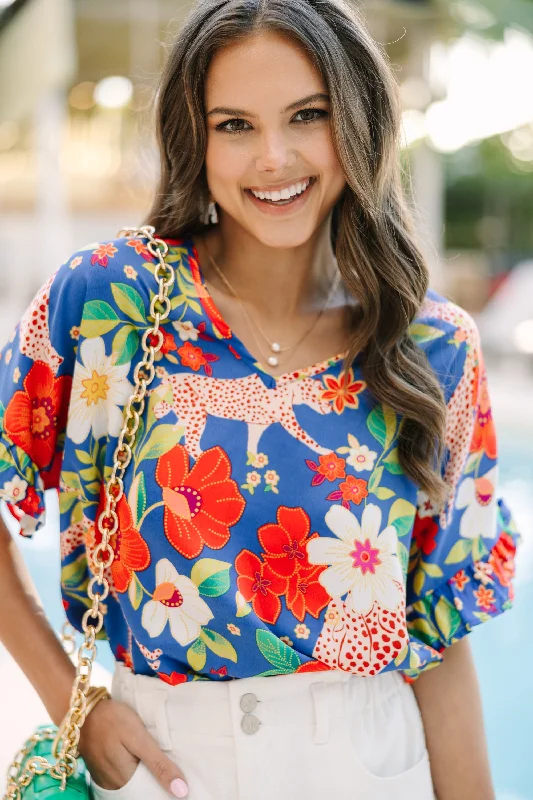 Always Summer Royal Blue Floral Blouse Dapper Women's Bow - adorned